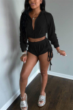 Black Street Patchwork Solid Draped asymmetrical crop top Straight Long Sleeve Two Pieces