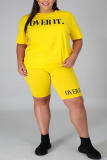 Yellow Fashion Casual Sportswear O Neck Short Sleeve Regular Sleeve Letter Print Plus Size Set