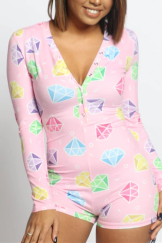 Light Pink Fashion Sexy Living V Neck Long Sleeve Regular Sleeve Skinny Print Romper