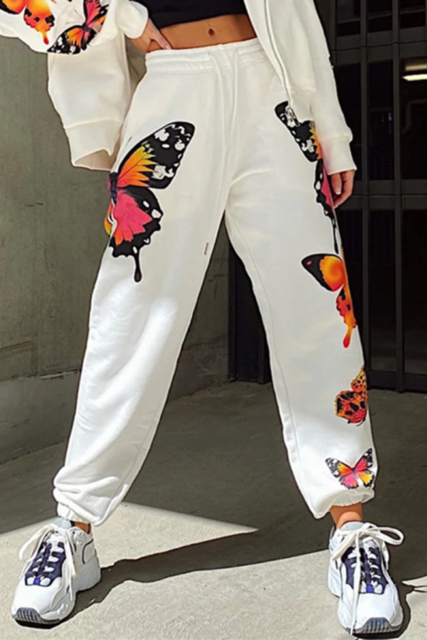 White Fashion Casual Sportswear Harlan Butterfly Print Trousers