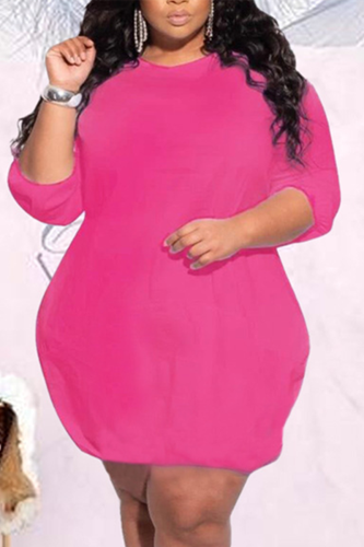 Rose Red Fashion Casual O Neck Long Sleeve Regular Sleeve Solid Long Sleeve Dress Plus Size