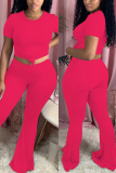 rose red Fashion Casual adult Ma'am Solid Two Piece Suits Loose Short Sleeve Two Pieces