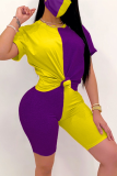 Yellow Purple Fashion Casual Sportswear Short Sleeve O Neck Regular Sleeve Regular Patchwork Two Pieces（With Mask）