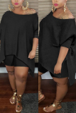 Black Sexy Patchwork Solid asymmetrical Straight Short Sleeve Two Pieces