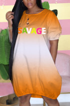 Orange Fashion Casual adult Ma'am Cap Sleeve Short Sleeves O neck Lantern skirt Knee-Length Character Dresses