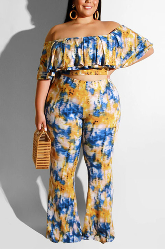 Blue Fashion Casual Bateau Neck Sleeveless Off The Shoulder Print Plus Size Set