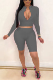 Grey Fashion Sexy adult Ma'am Solid Two Piece Suits pencil Long Sleeve Two Pieces