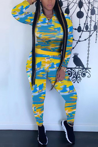 Yellow Fashion Casual Long Sleeve Zipper Collar Regular Sleeve Regular Print Two Pieces