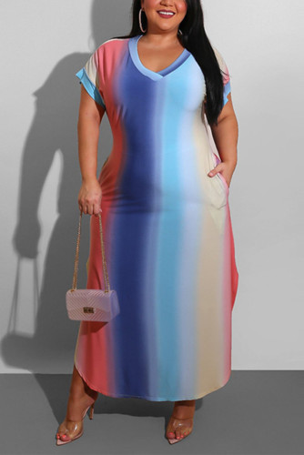 Multi Fashion Casual V Neck Short Sleeve Regular Sleeve Gradual Change Print Short Sleeve Dress Plus Size