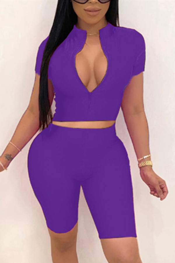 purple Fashion Sexy adult Ma'am Solid Two Piece Suits pencil Short Sleeve Two Pieces