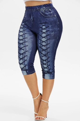 Deep Blue Fashion Casual Print Plus Size Pants