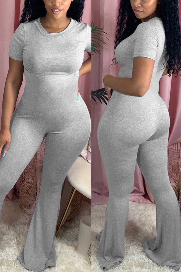 Grey Sexy Patchwork Solid Short Sleeve O Neck Jumpsuits