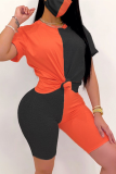 Orange Black Fashion Casual Sportswear Short Sleeve O Neck Regular Sleeve Regular Patchwork Two Pieces（With Mask）