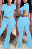 Light Blue Fashion Casual adult Ma'am Solid Two Piece Suits Loose Short Sleeve Two Pieces