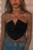 Black Fashion Sexy V Neck Sleeveless Off The Shoulder Short Solid Tops