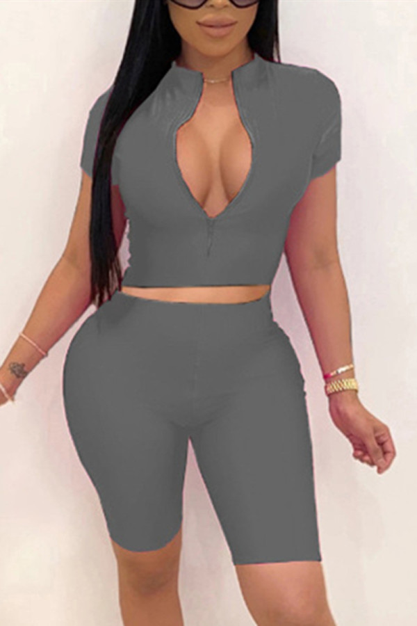 Grey Fashion Sexy adult Ma'am Solid Two Piece Suits pencil Short Sleeve Two Pieces
