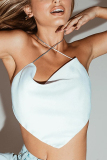 Blue Fashion Sexy V Neck Sleeveless Off The Shoulder Short Solid Tops