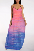multicolor Casual Spaghetti Strap Sleeveless V Neck Swagger Floor-Length Tie and dye Dresses