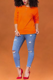 Blue O Neck Long Sleeve Solid Tops