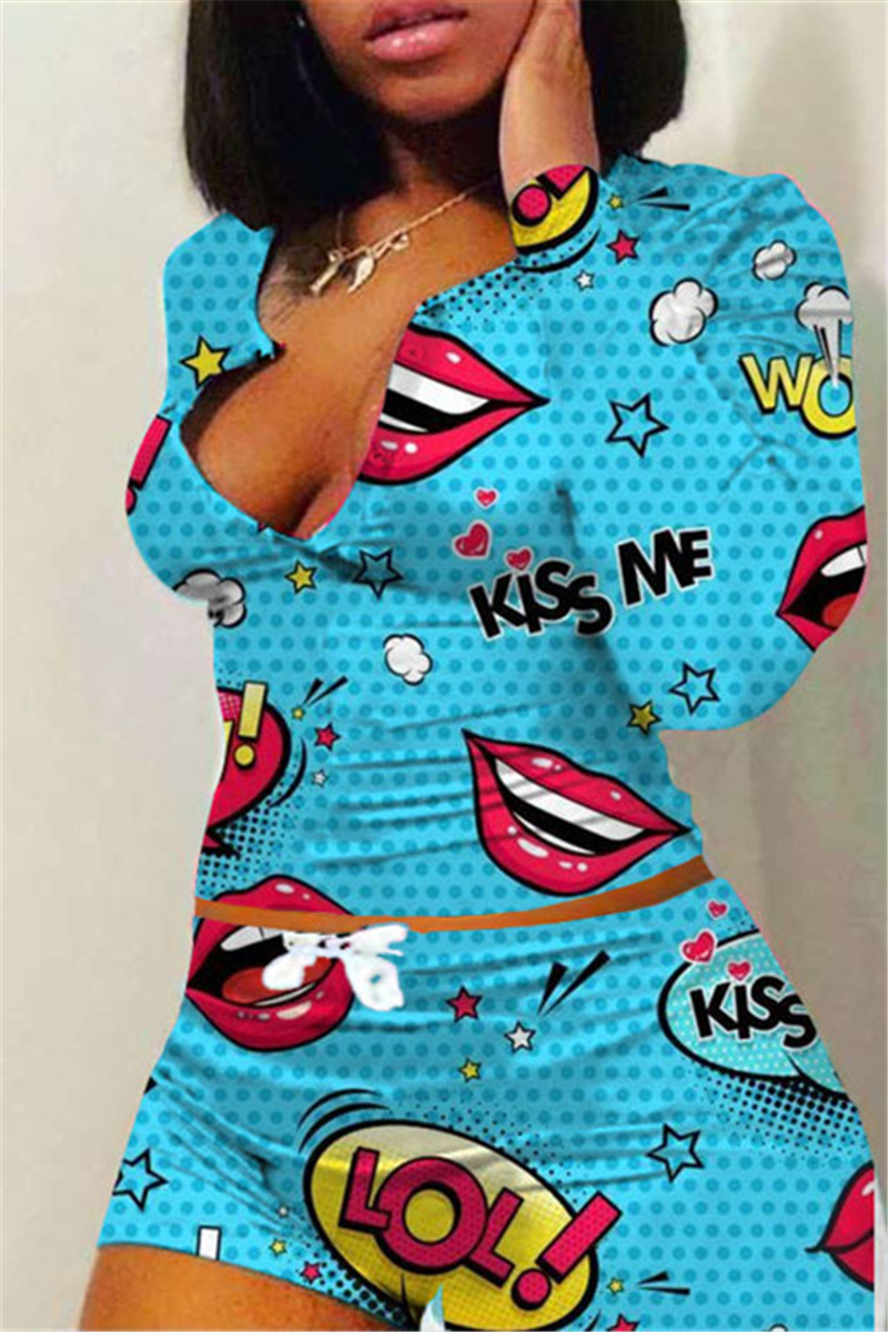 

Blue Fashion adult Ma'am Sweet O Neck Print Two Piece Suits Pattern Plus Size