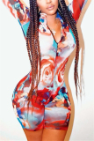 multicolor Fashion Street Adult Print O Neck Straight Jumpsuits