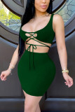 Ink Green Fashion Sexy Sleeveless U Neck Spaghetti Strap Short Solid Two Pieces