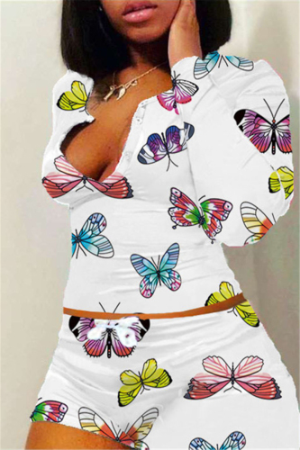 White Sweet Animal Prints Print Straight Long Sleeve Two Pieces