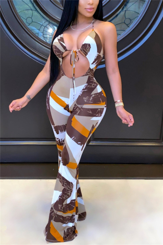 Brown Fashion Sexy Print Milk. Sleeveless V Neck Jumpsuits