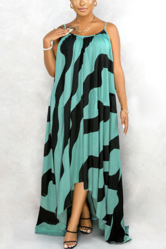 Green Fashion Casual Plus Size Daily Spaghetti Strap Sleeveless Spaghetti Strap Sling Dress Floor Length Striped Dresses