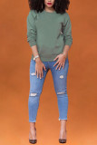 Green O Neck Long Sleeve Solid Tops