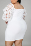 White Fashion Sexy Square Collar Long Sleeve Regular Sleeve Solid Long Sleeve Dress Plus Size