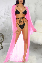 Pink Patchwork perspective Mesh Hooded Out Asymmetrical Sexy Swimwears