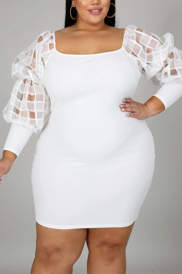 White Fashion Sexy Square Collar Long Sleeve Regular Sleeve Solid Long Sleeve Dress Plus Size