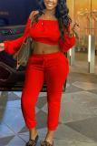 Red Fashion Sexy adult Ma'am Solid Two Piece Suits pencil Long Sleeve Two Pieces