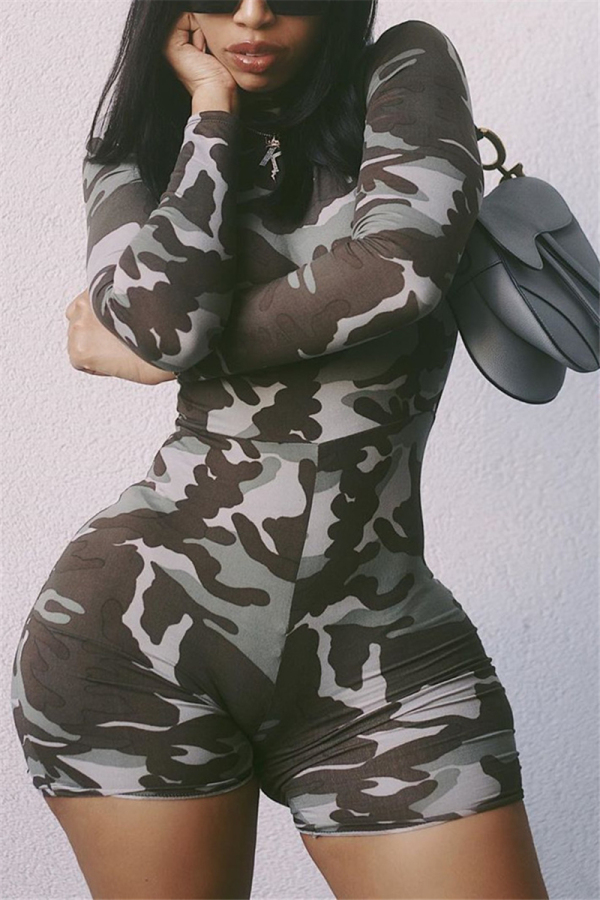Camouflag Gray street Print Camouflage Long Sleeve Turtleneck Jumpsuits