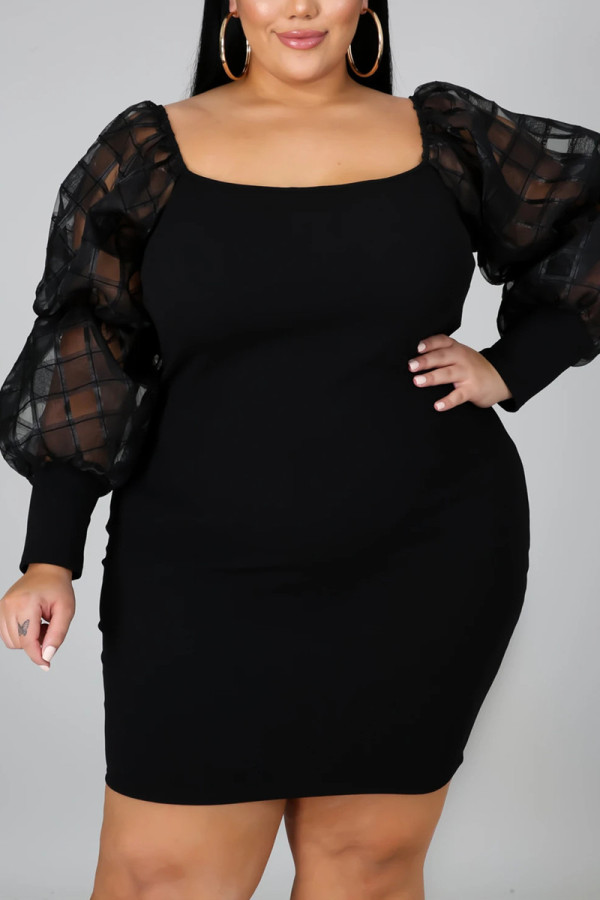 Black Fashion Sexy Square Collar Long Sleeve Regular Sleeve Solid Long Sleeve Dress Plus Size