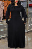 Black Fashion lantern sleeve Long Sleeves O neck A-Line Floor-Length Solid Dresses