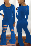 Blue Fashion Sexy Hole Solid Long Sleeve O Neck Jumpsuits
