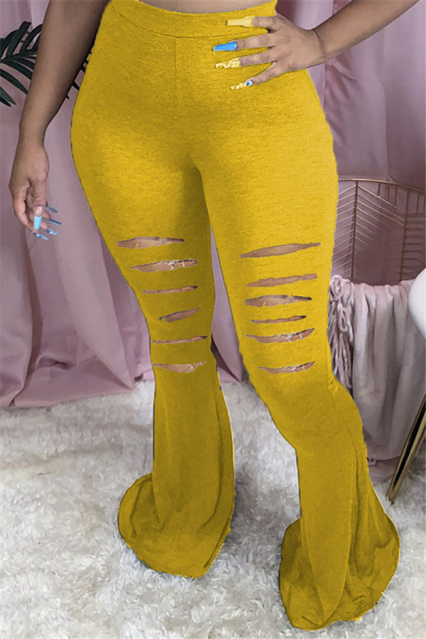 Yellow Elastic Fly Mid Solid Boot Cut Pants Bottoms