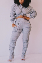 Grey Fashion Sexy adult Ma'am Patchwork Solid Two Piece Suits Straight Long Sleeve Two Pieces