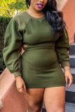 Army Green Fashion Sexy Regular Sleeve Long Sleeve O Neck Wrapped Skirt Mini Patchwork Dresses