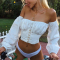 White Fashion Sexy Sweet Daily Strapless Half Sleeve Off The Shoulder Short Solid Tops