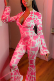 Pink Fashion Sexy Print Milk. Long Sleeve O Neck Jumpsuits