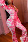 Pink Fashion Sexy Print Milk. Long Sleeve O Neck Jumpsuits