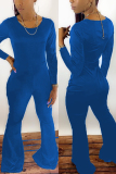 Blue Light Solid Long Sleeve O Neck Jumpsuits