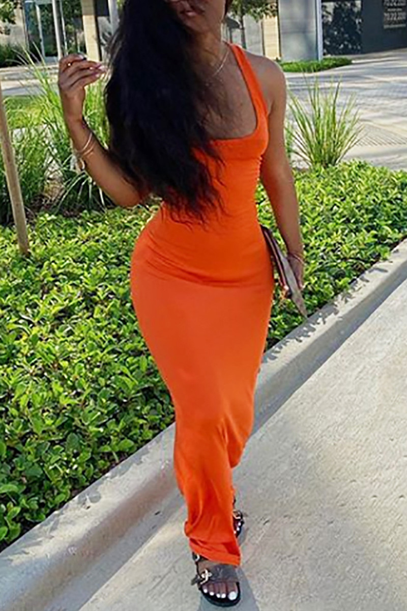 Orange Milk. Fashion Sexy adult Ma'am Tank Sleeveless Square Step Skirt Floor-Length Solid backless Dresses
