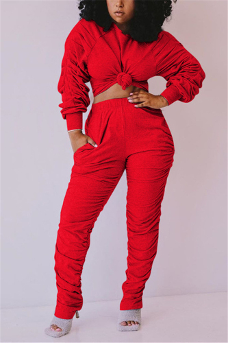 Red Fashion Sexy adult Ma'am Patchwork Solid Two Piece Suits Straight Long Sleeve Two Pieces