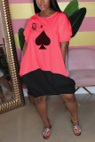 Pink Sweet Short Sleeves O neck Lantern skirt Knee-Length Print Patchwork Colouring Dresses