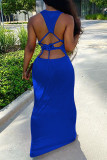 Blue Milk. Fashion Sexy adult Ma'am Tank Sleeveless Square Step Skirt Floor-Length Solid backless Dresses