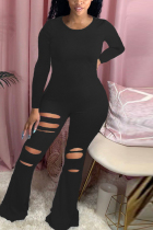 Black Fashion Sexy Hole Solid Long Sleeve O Neck Jumpsuits